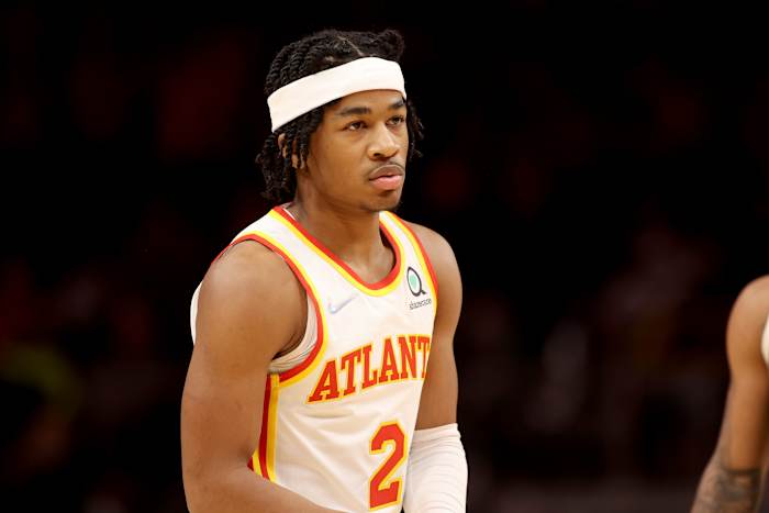 Nov 14, 2021; Atlanta, Georgia, USA; Atlanta Hawks guard Sharife Cooper (2) is shown during the second half of their game against the Milwaukee Bucks at State Farm Arena. Mandatory Credit: Jason Getz-USA TODAY Sports